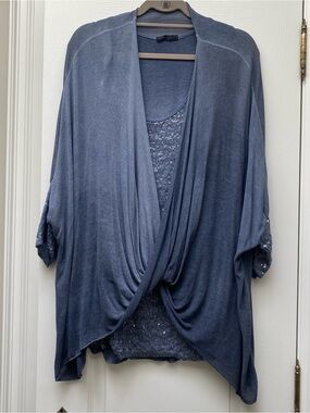 Oversized Draped Sequin-Trim Knit Cardigan with Matching Sequin Cami